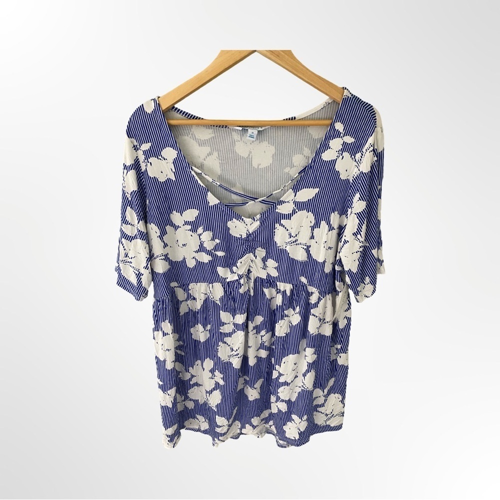 Boutique Short Sleeve Blue and White Stripe Boho Floral Tunic Blouse NWT Size 1X
